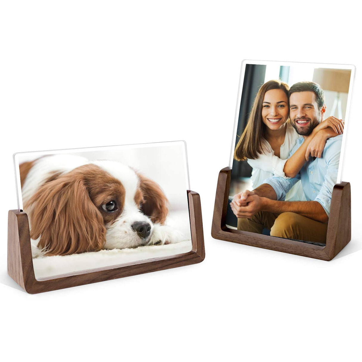 Mixoo 4x6 Wood Photo Picture Frame 2 Pack - Rustic Wooden Picture Frame with Walnut Wood Base and High Definition Break Free Acrylic Covers for Tabletop or Desktop Display (Horizontal + Vertical) Mixoo