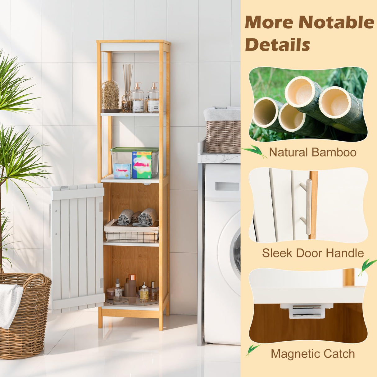 LOKO Bamboo Bathroom Storage Cabinet, Freestanding Floor Cabinet with Door, Adjustable Shelf & Open Shelves, Slim Narrow Linen Tower Cabinet for Living Room, Laundry Room, Kitchen, (White+Natural) LOKO