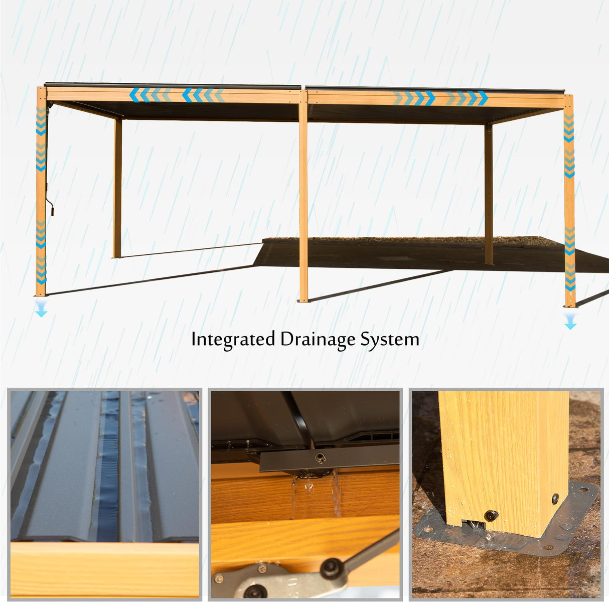 Domi Louvered Pergola 10x20FT, Outdoor Wood Grain Pergola Aluminum Frame with Adjustable Rainproof Metal Roof, Permanent Sun Shade with Drainage domi outdoor living