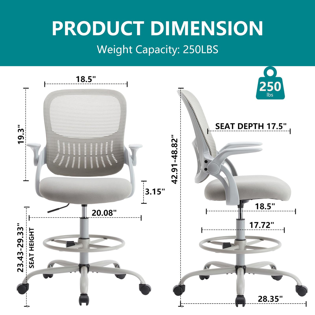 SMUG Drafting Chair, Tall Office Chair Tall Standing Desk Chair Counter Height Adjustable Office Chair with Flip-up Arms, Mid Back Mesh Office Drafting Chair, Grey SMUG