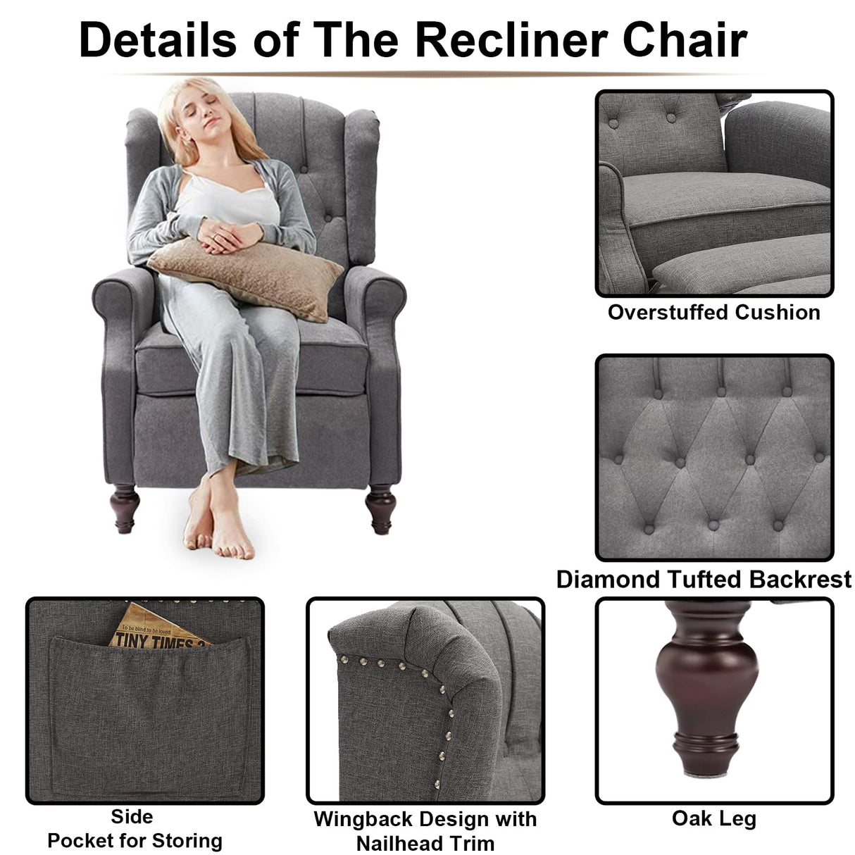 IPKIG Wingback Pushback Recliner Chair - Mid Century Recliner Armchair with Massage and Heat, Rivet Decoration, Button-Tufted Back, Solid Wood Legs for Living Room, Bedroom, Office(Grey) IPKIG