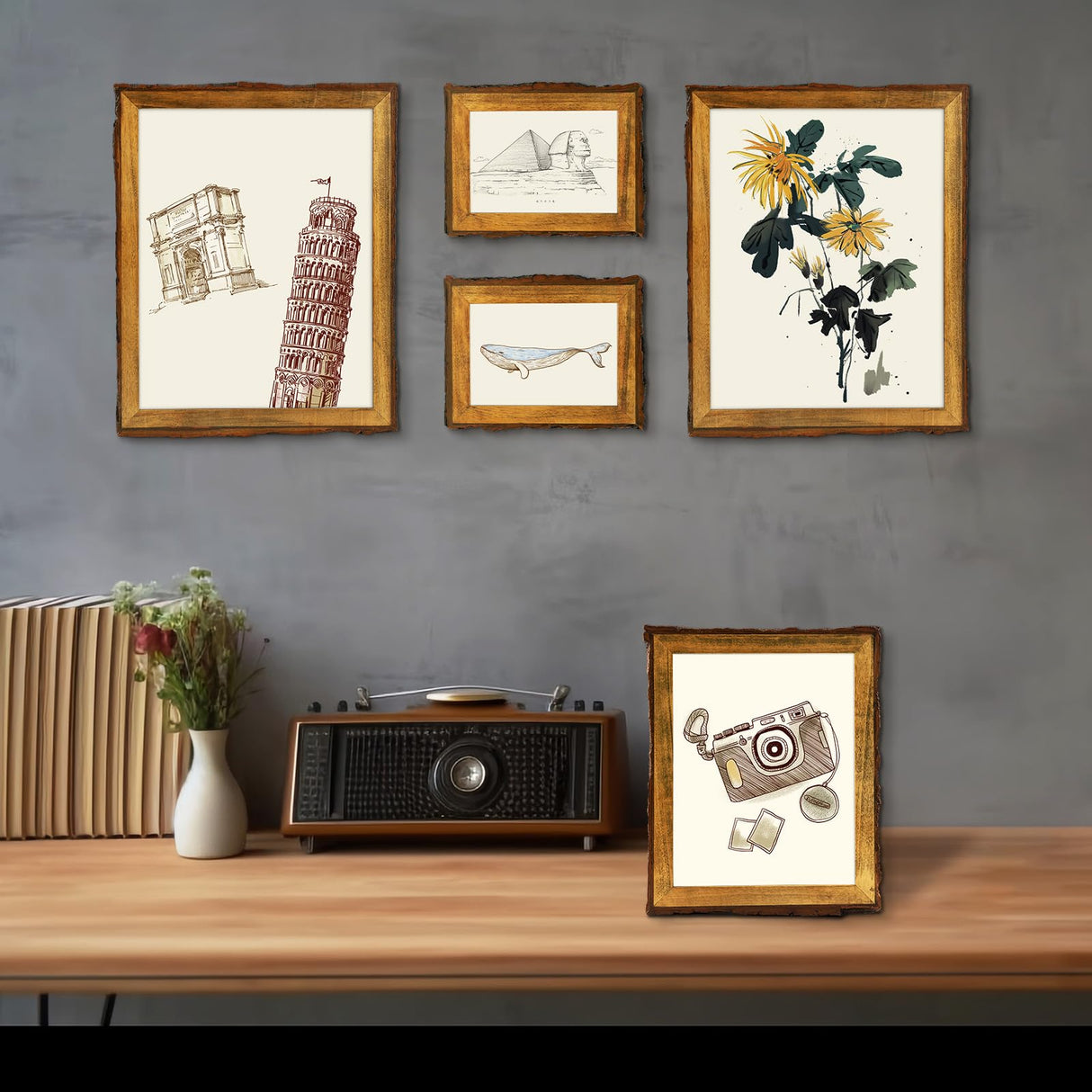 5x7 Picture Frame Rustic Brown, Solid Wood Picture Frame with Bark Edges & Real Glass Cover, Display Pictures/Photos/Prints 5 x 7 for Wall Mounting, Farmhouse Decor Golden State Art