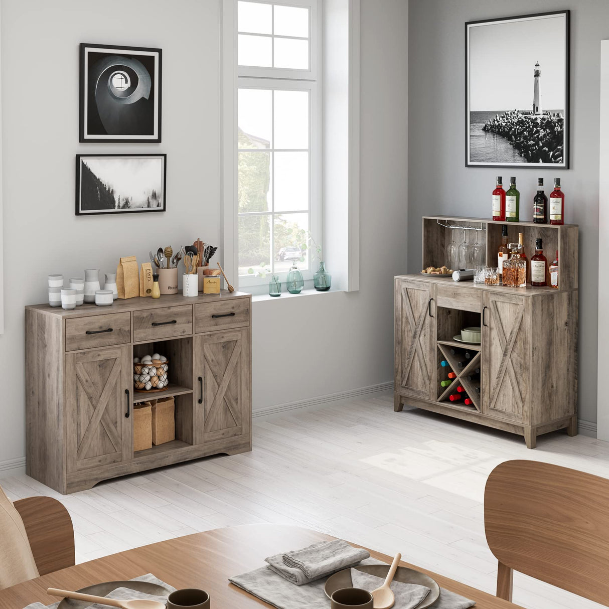 HOSTACK Modern Farmhouse Buffet Storage Cabinet, Barn Doors Wood Sideboard with Drawers and Shelves For Coffee Bar, Kitchen, Dining Room, Living Room, Ash Grey HOSTACK