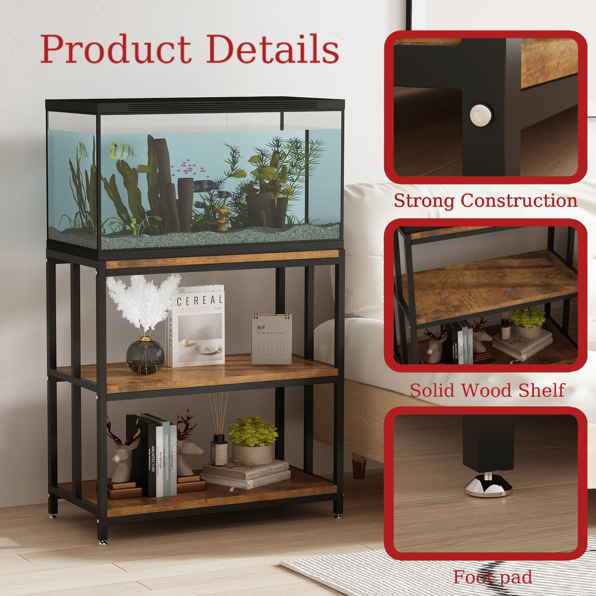 WOULHOMY Fish Tank Stand for 20 Gallon Aquarium, Metal Aquarium Stand with 3-Tier Shelves, Breeder Reptile Tank Stand for Home Office 26.96” x 15.74” x 33.26” (Black) WOULHOMY