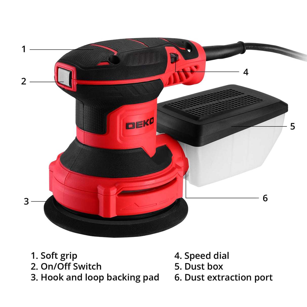 Orbital Sander Corded Hand Sander: DEKOPRO 20V 5" Random Orbital Sander with Dust Box, 6 Various Speeds Electric Palm Sander with Dust Box, 16Pcs Sandpapers for Woodworking & Sanding (Red) DEKOPRO