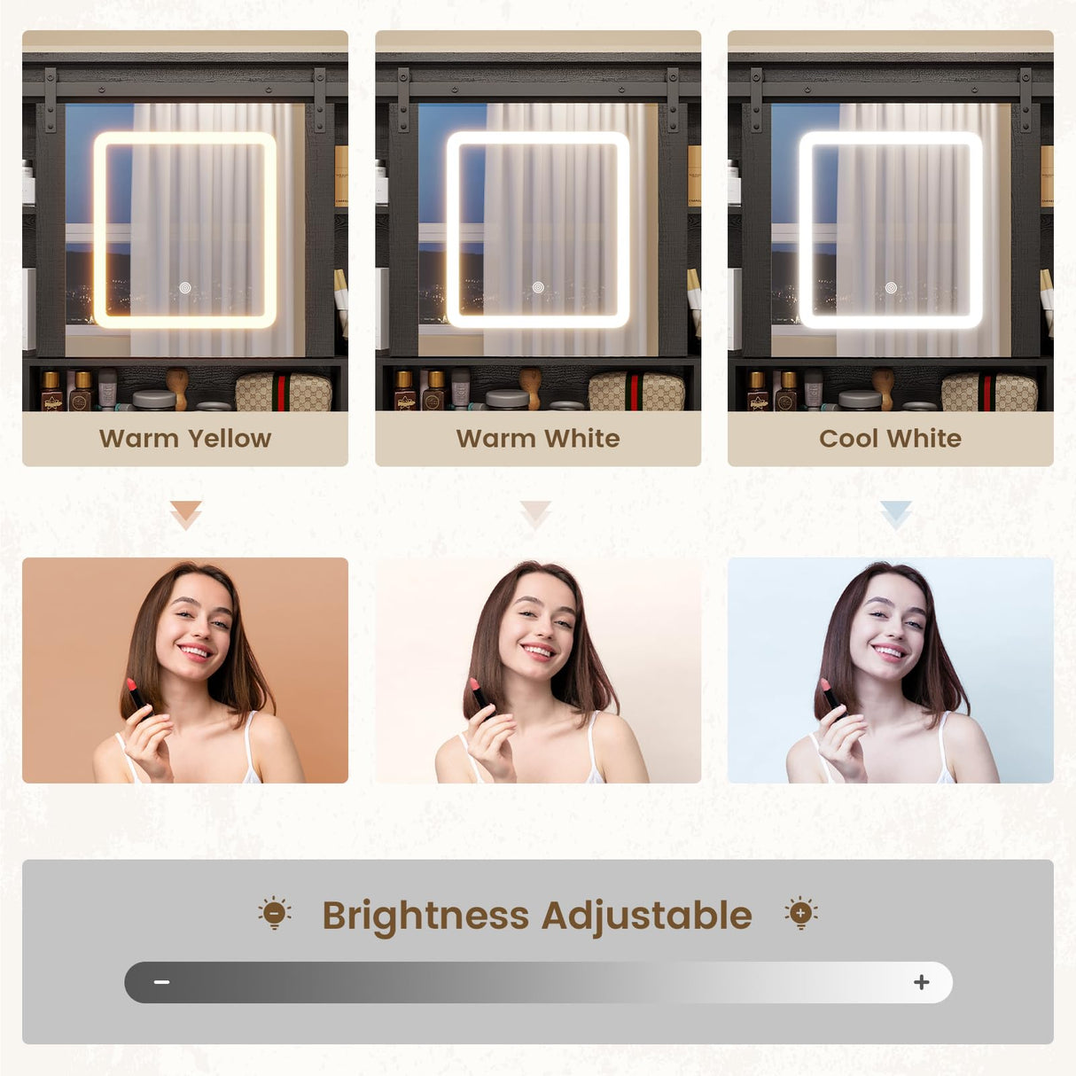 HAUOMS Vanity Desk with Sliding Mirror & LED Lights, Glass Top Farmhouse Makeup Vanity Table with Power Outlet, Rustic Dressing Table, Wood-Grain Black HAUOMS