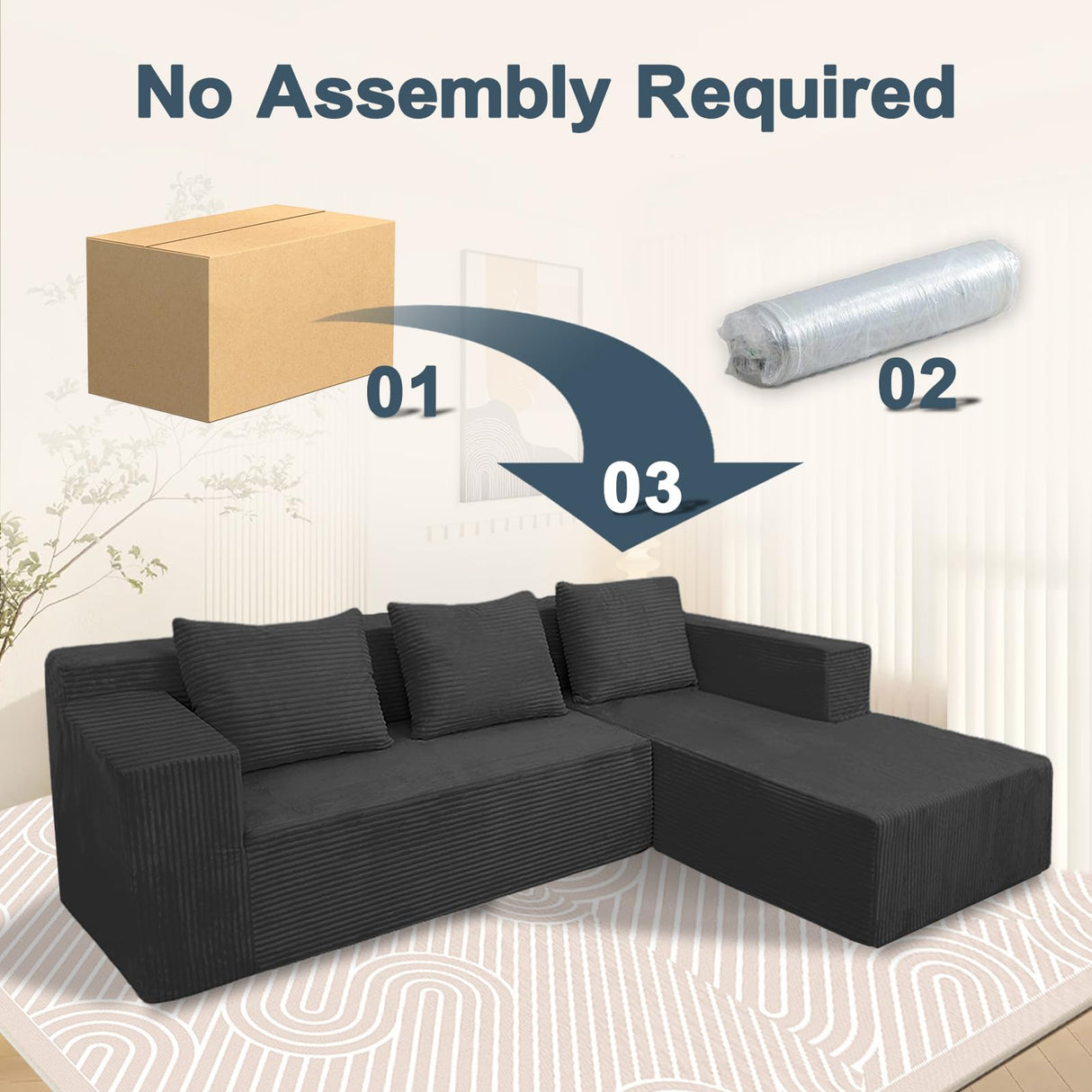 ANONER 103" Cloud Sectional Couch with L-Shape Chaise, Modern Minimalist Modular Sofa with Deep Seat, Free Combination Cloud Couches for Living Room Apartment, No Assembly Required, Dark Grey ANONER