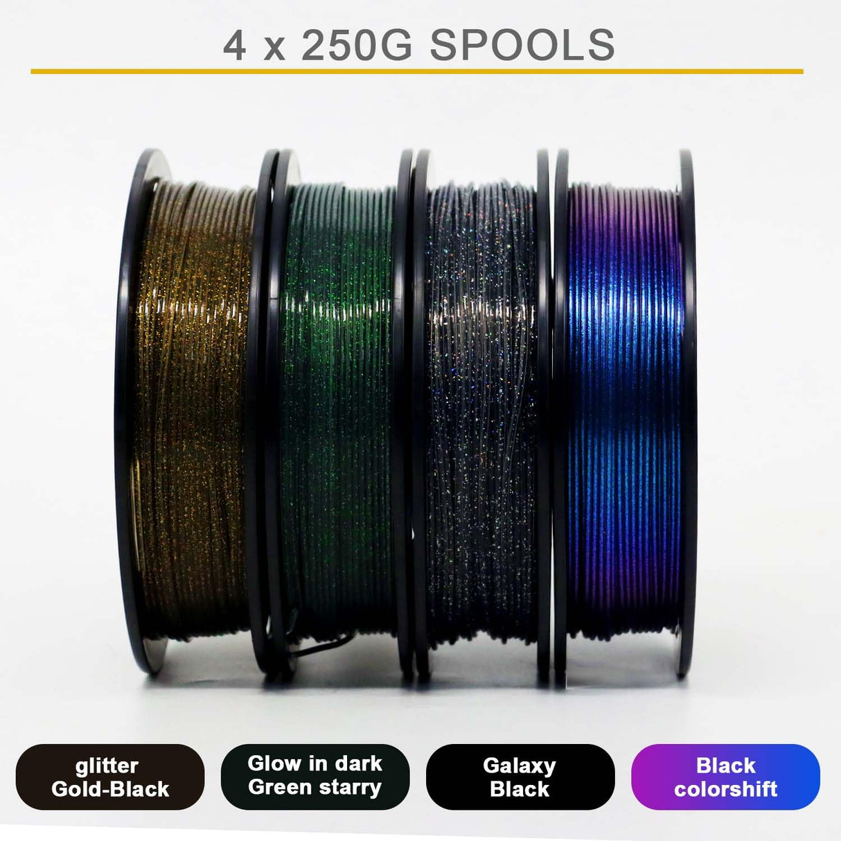 RepRapper PLA Filament, Multicolor Glitter 250g*4 Sample Pack, Shiny Galaxy PLA1.75MM for 3D Printer, Glow in The Dark Sparkle Laser Series 3D Printer Filament, 250g*4 Pack RepRapper