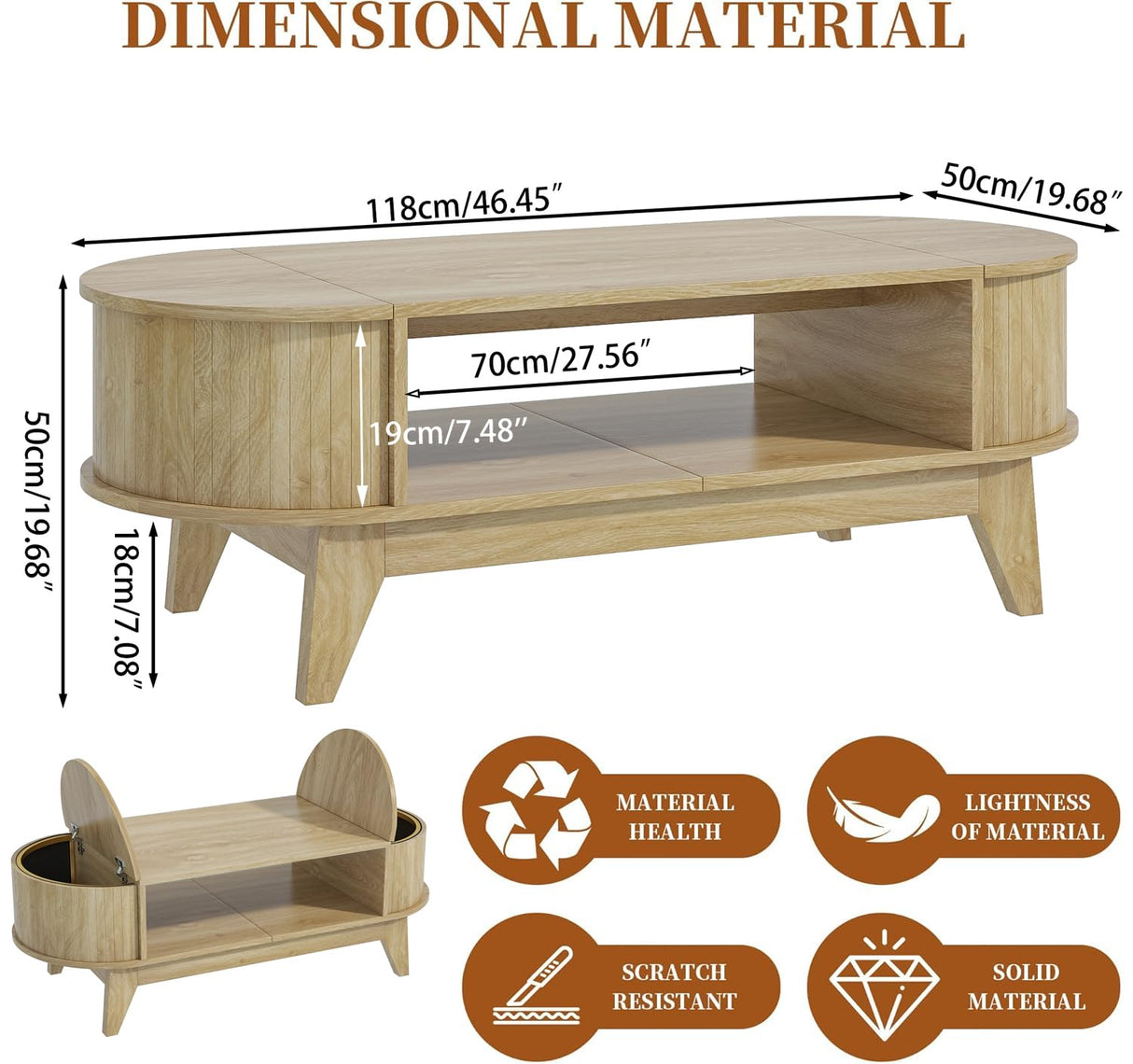 Fsbecl 46.45'' Oval Coffee Tables for Living Room, Mid Century Modern Coffee Table with Storage, Wood Fluted Accent Center Table with Flip-Top Lids for Home,Office (Wood Color) Fsbecl