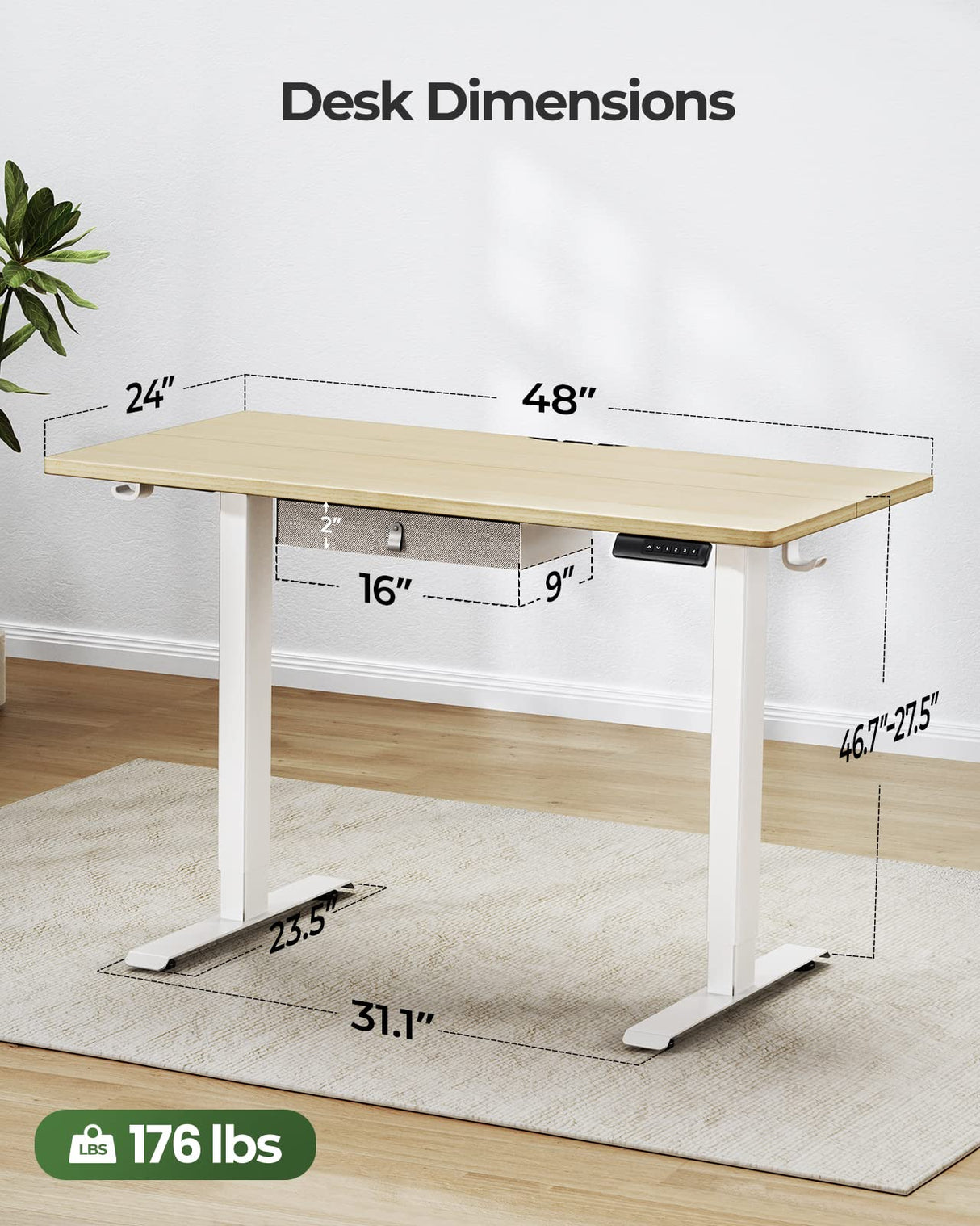 Marsail Standing Desk with Drawer, 48x24 Inch Adjustable Height Standing Desk, Electric Stand up Desk, Sit Stand Home Office Desk, Ergonomic Workstation for Home Office Computer Gaming Desk Maple Marsail