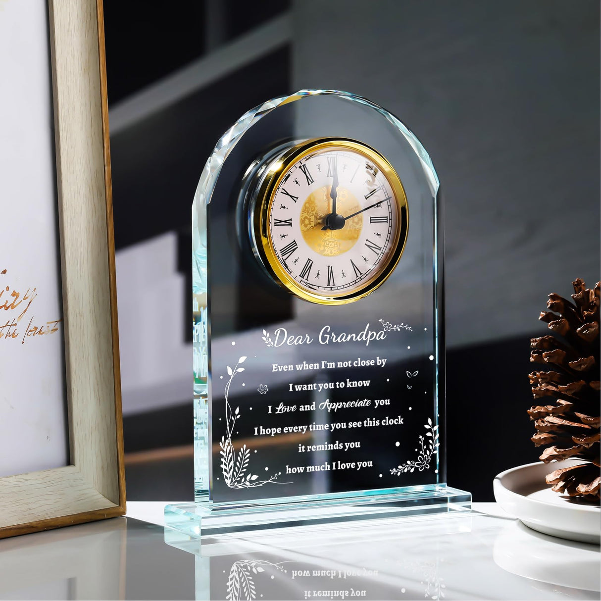 YWHL Glass Colck Gifts for Grandpa, Best Father's Day Grandpa Gifts, Great Grandfather Birthday Gifts, Glass Clock Keepsake for Grandpa on Christmas (Battery not Included) YWHL