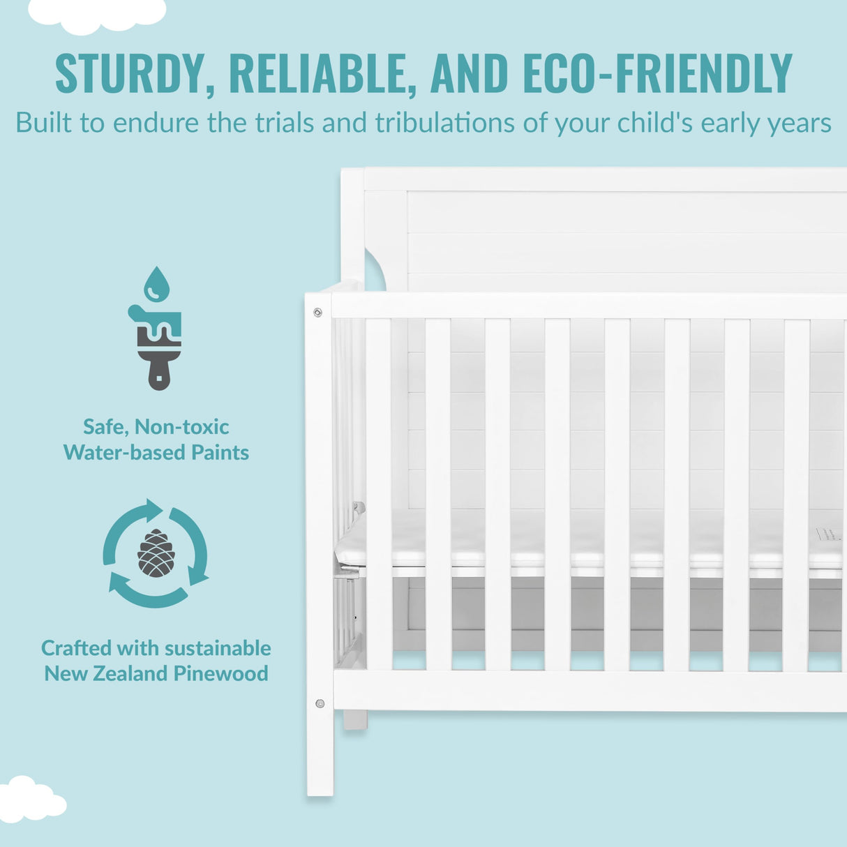 Dream On Me Bellport 4 in 1 Convertible Mini/Portable Crib In White, Non-Toxic Finish, Made of Sustainable New Zealand Pinewood, With 3 Mattress Height Settings Dream On Me