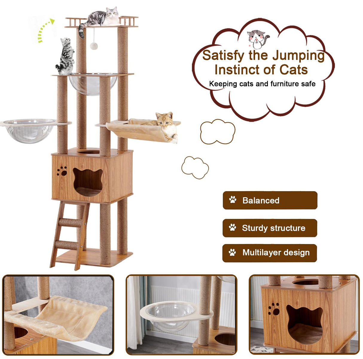 61'' Wooden cat Tree with cat Condo, Cat Stairs Scratching Posts, 2 Bowl,Sisal Scratching Posts,Cozy Cat Hammock and Top Perch. Cat Tree for Large Cats. Yinanroa