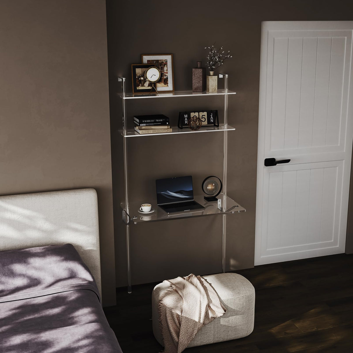 HMYHUM Acrylic Wall Mount Desk, Clear Ladder Desk with Open Shelves, Floating Desk for Laptop, Computer, Study, Writing, Vanity Table, Modern, 36" L x 19.7" W x 69.99" H HMYHUM