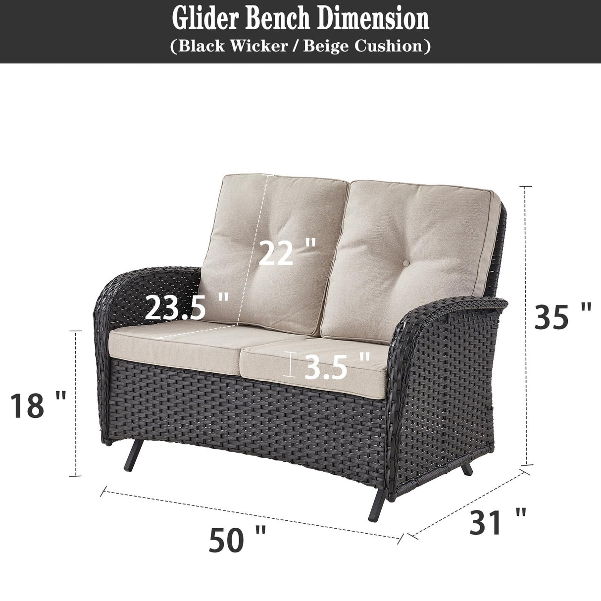 Belord Outdoor Glider Bench Patio Loveseat - 500 Lbs Weight Capacity 2 Seater Wicker Sofa, Small Porch Glider Furniture All Weather Rattan Couch with Removble Cushion for Balcony Deck Backyard, Black Belord