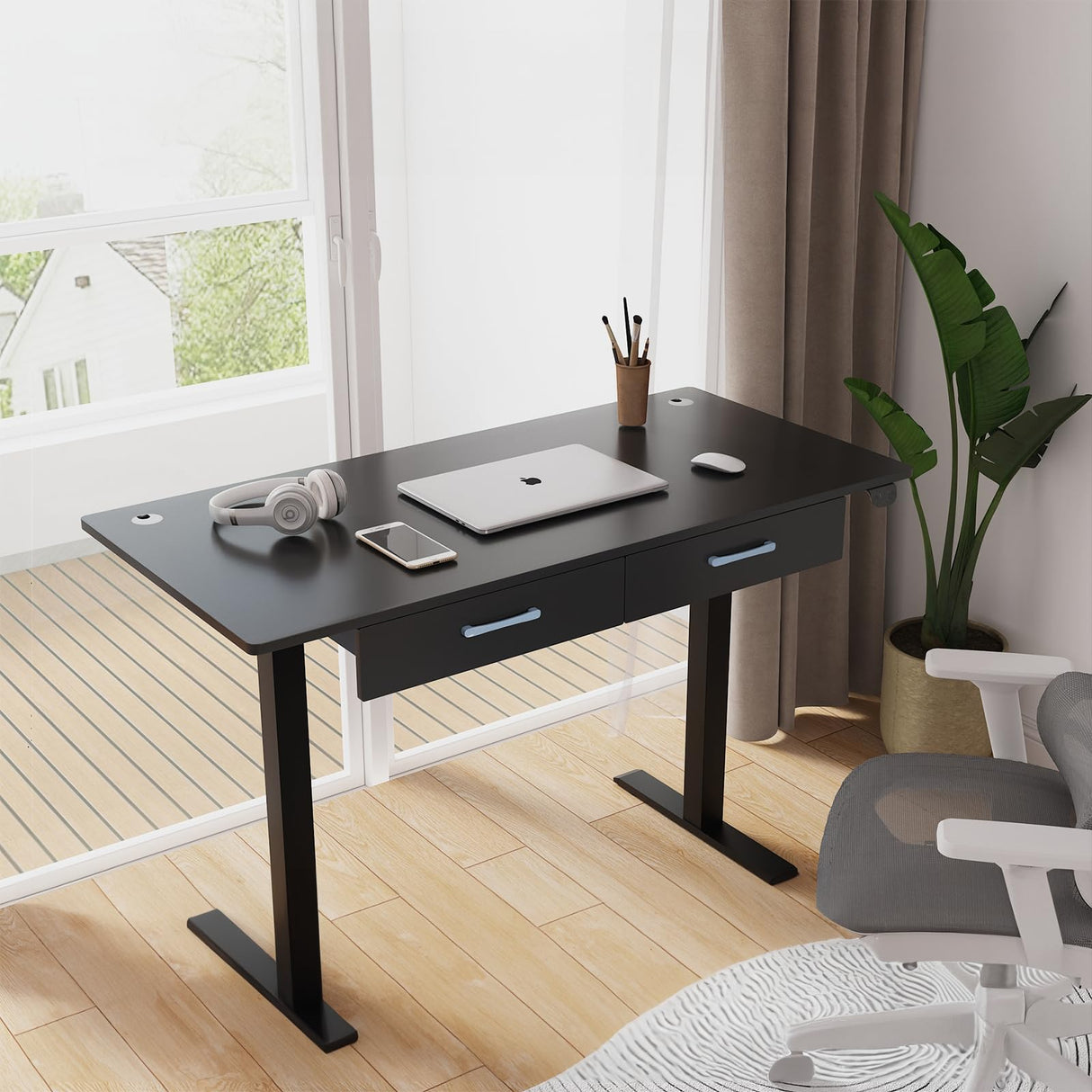 Our Modern Space 2-Drawer Height Adjustable 45" Electric Standing Desk - Upgraded Ultra Durable Home Office Large Rectangular Computer Table or Laptop Sit Stand Workstation - Black Our Modern Space