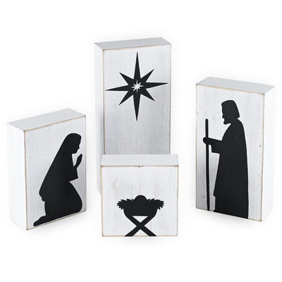 Ornativity Wooden Block Nativity Scene - Black Xmas Silhouette Christmas Figures on White Painted Wood Blocks Indoor Nativity Table Top Shelf Sitter Mantle Centerpiece Set Decorations - 1 set