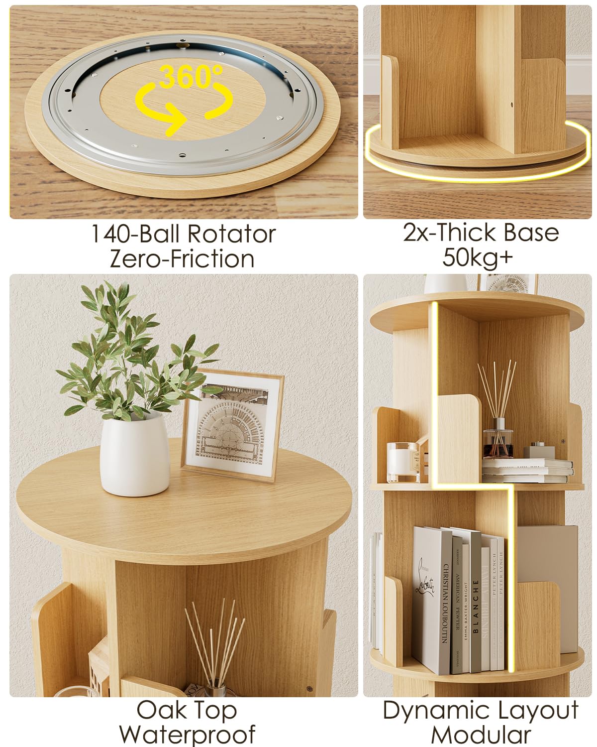 Masupu Rotating Bookshelf, Tall 4 Tier Rotating Spinning Bookshelf Tower, 360 Spinning Floor Standing Bookcase Storage Rack, Conner Rotating Book Shelf for Kids Rooms, Bedroom, Living Room Masupu