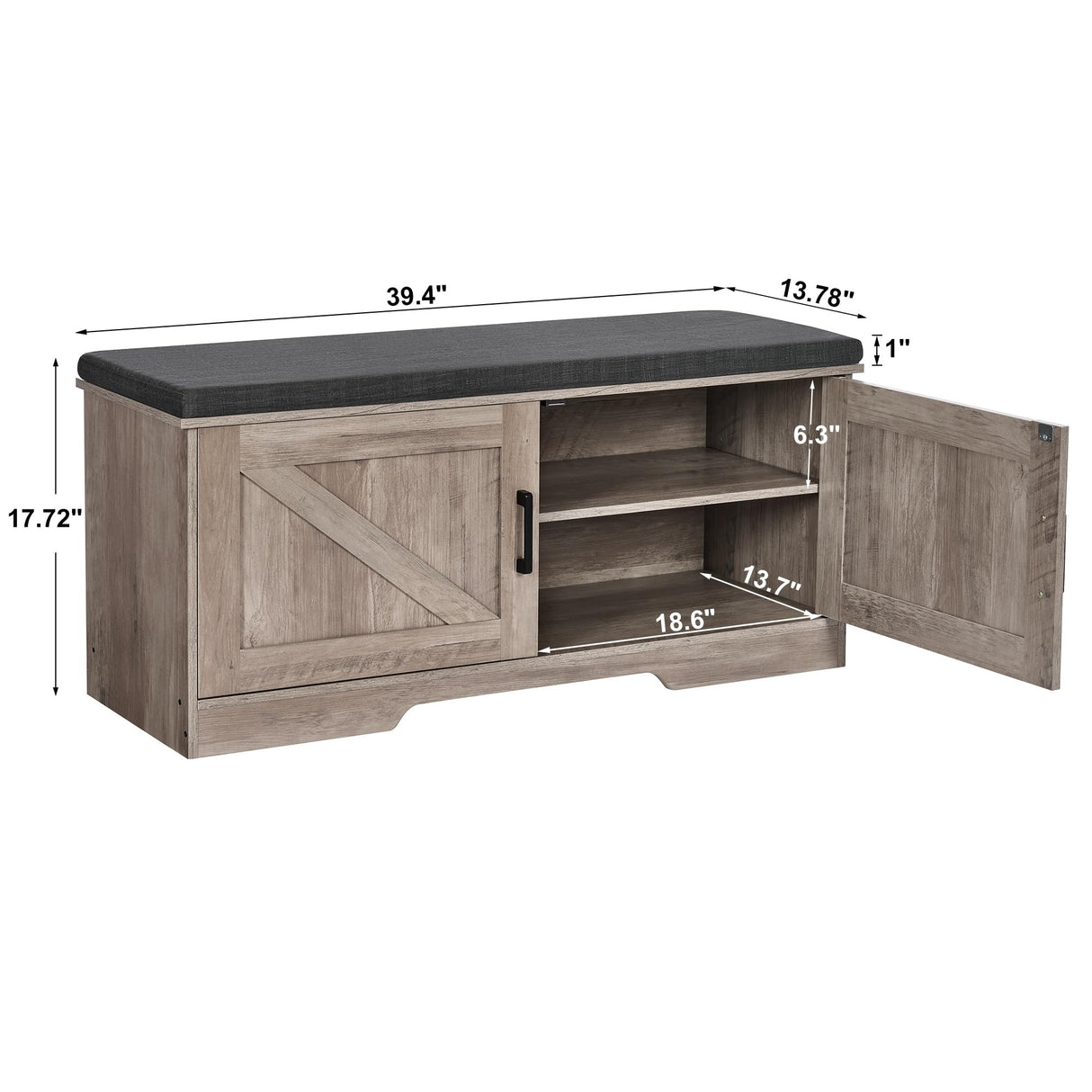 HOMSHO 2-Tier Storage Bench, Shoe Bench with Padded Seat Cushion, Entryway Bench with 2 Barn Doors, Adjustable Shelf, 13.8" D x 39.4" W x 17.7" H, for Entryway, Living Room, Bedroom, Greige HOMSHO