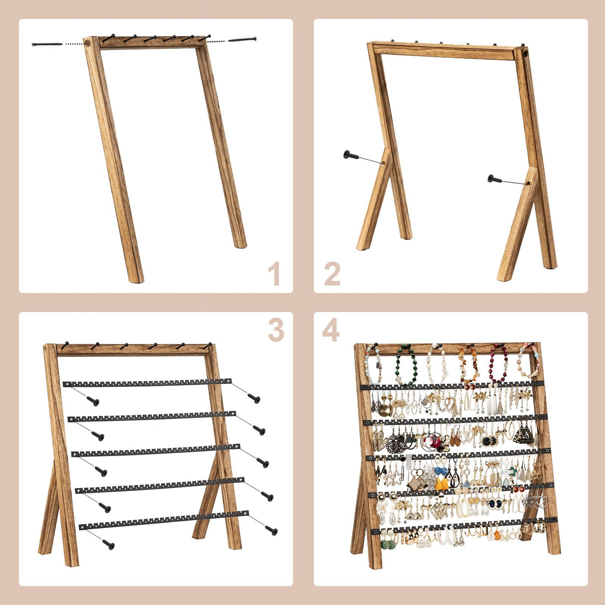 Emfogo Earring Holder Organizer, 6 Tier Earring Display Stand with 285 Holes & 6 Bracelet Rods, Rustic Wood Jewelry Organizer for Earring Bracelet Necklace Ring, Gifts for Women (Rustic) Emfogo