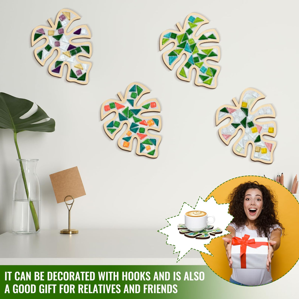 Honeydak 6 Sets DIY Leaves Glass Mosaic Tiles with 6 Sets Leaves Wooden Coasters Making Mosaic Crafts Materials Package Mixed Stained Glass Kit for Handmade Colourful Home Gifts Indoor Decor Honeydak