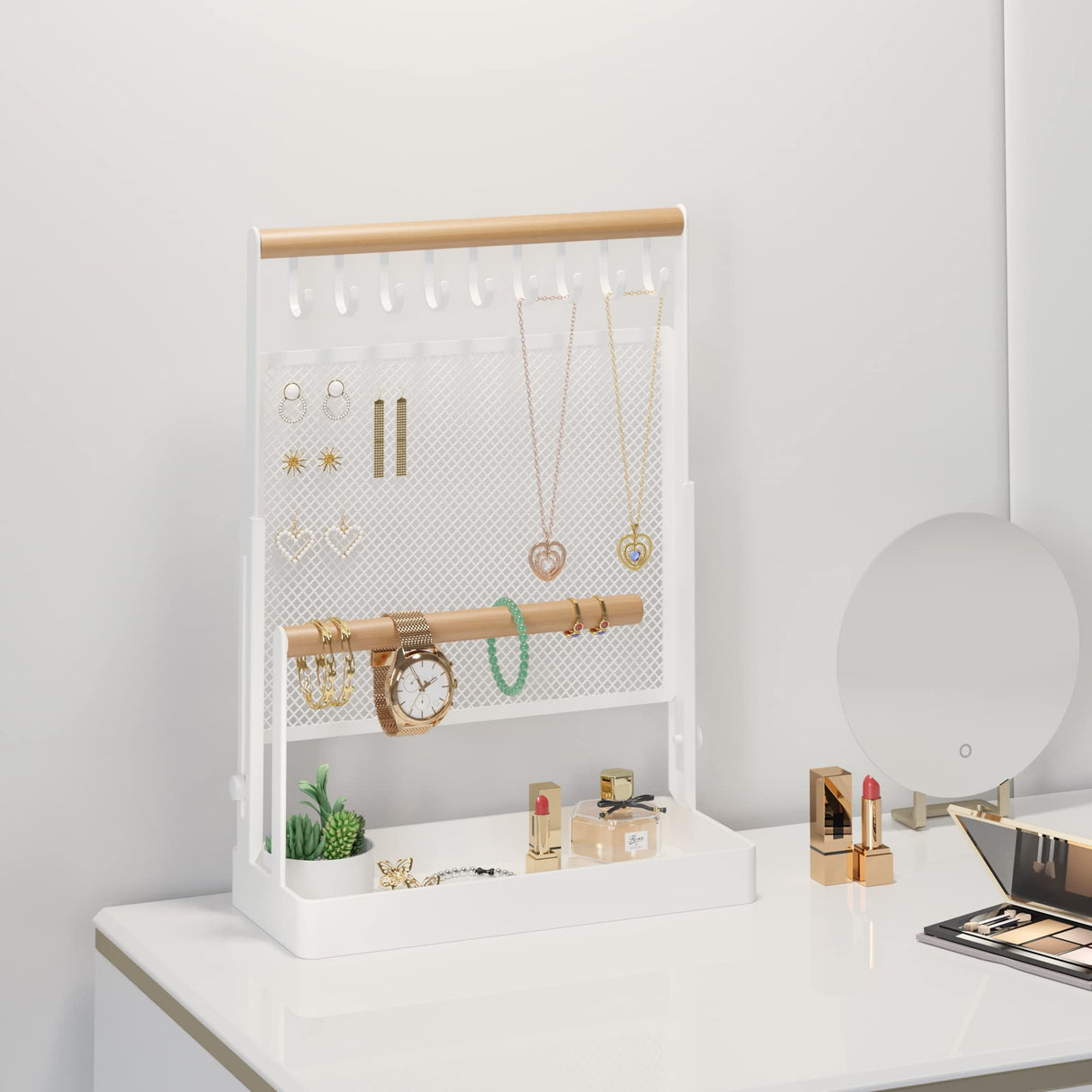 IOAIANIA Jewelry Organizer Stand, Liftable Necklace Holder with Earring Organizer Net, 9 Hooks Necklaces Storage Wooden Handing Bar for Bracelets Watches Rings (White) IOAIANIA