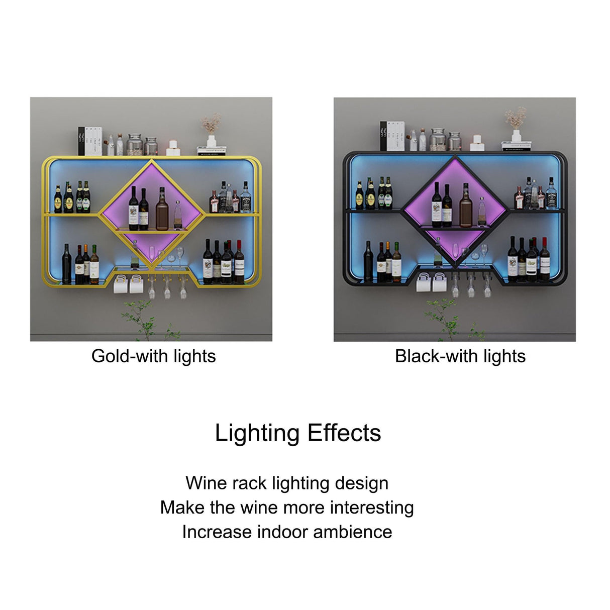JOSIAHCQ Wine Rack Floating Bar Shelves Wall Mounted with Hanging Wine Glass Holder Liquor Cabinet Bottle Display Shelf Kitchen Shelf with Light Strip for Home Bar JOSIAHCQ