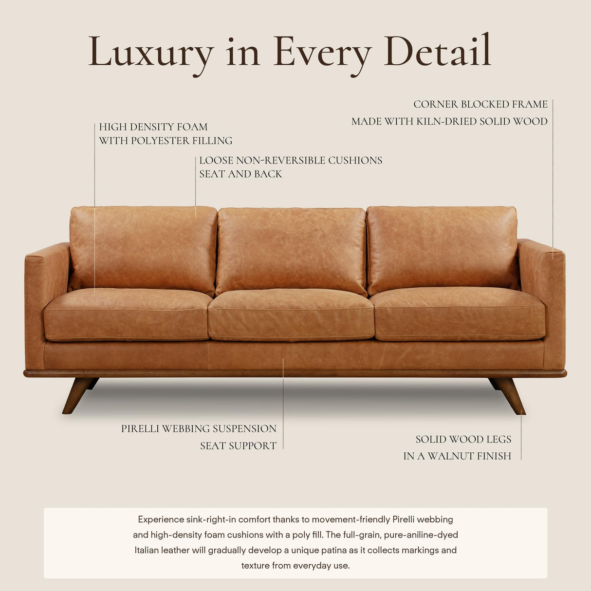 POLY & BARK Nolita 85" Sofa – Cognac Tan Full-Grain Pure-Aniline Italian Leather, Feather-Down Cushioning, Solid Rubberwood Base & Legs POLY & BARK