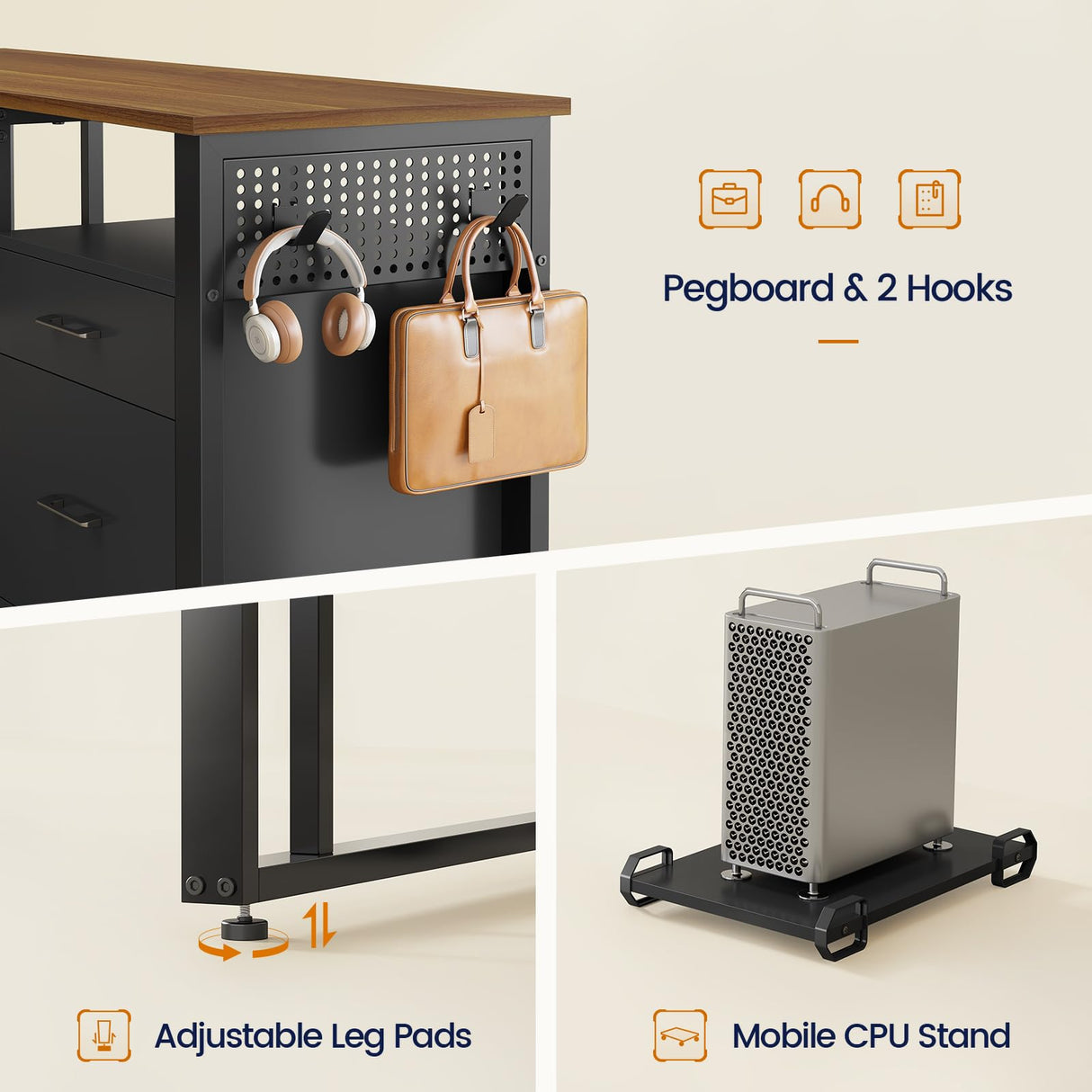 UPOSOJA 71 in Executive Desk with Power Outlets, Reversible L Shaped Computer Desk with File Drawers & Storage Shelves, Large Office Desk with Pegboard, Mobile CPU Stand, Modern Corner Desk (Walnut) UPOSOJA