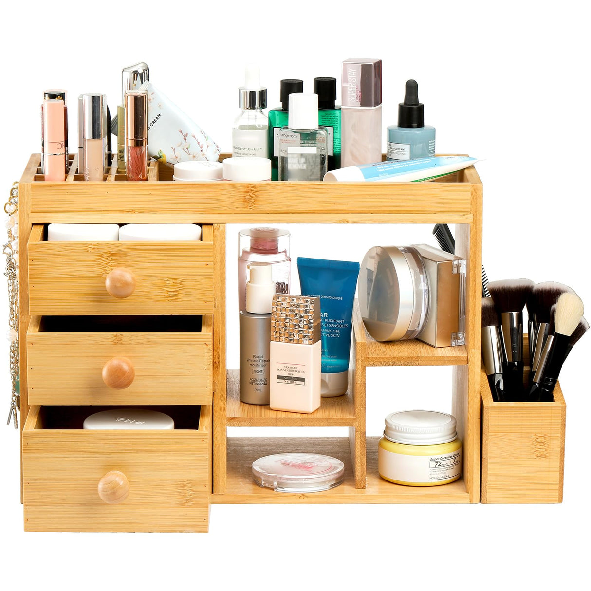 Elsjoy Bamboo Makeup Organizer with 3 Drawers & 12-Grid Lipstick Holder, Desk Bamboo Vanity Jewelry Organizer, Countertop Cosmetic Storage Box Stand with Hooks for Hanging Jewelry Elsjoy