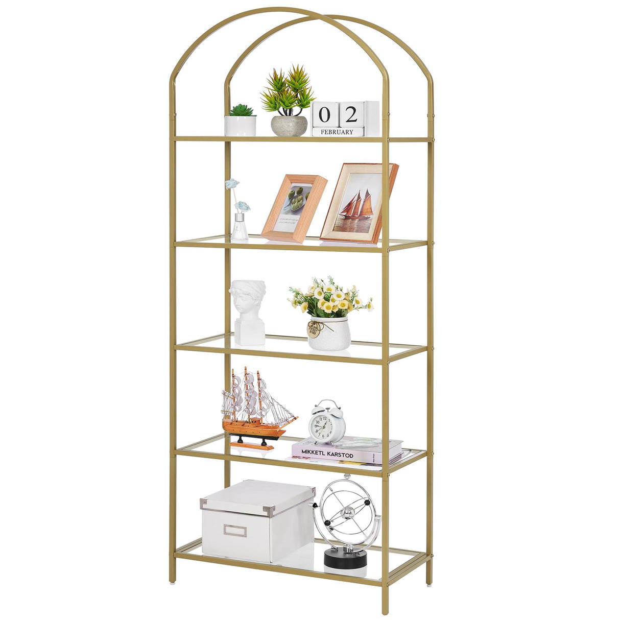 Homhedy Bookshelf Arched Display Racks,Metal Bookcase,Tempered Glass Shelves,Storage Rack Shelf for Home Office,Living Room,Bedroom, Bathroom,Modern Style (Golden, 11.8" D x 23.6" W x 62.2" H) Homhedy