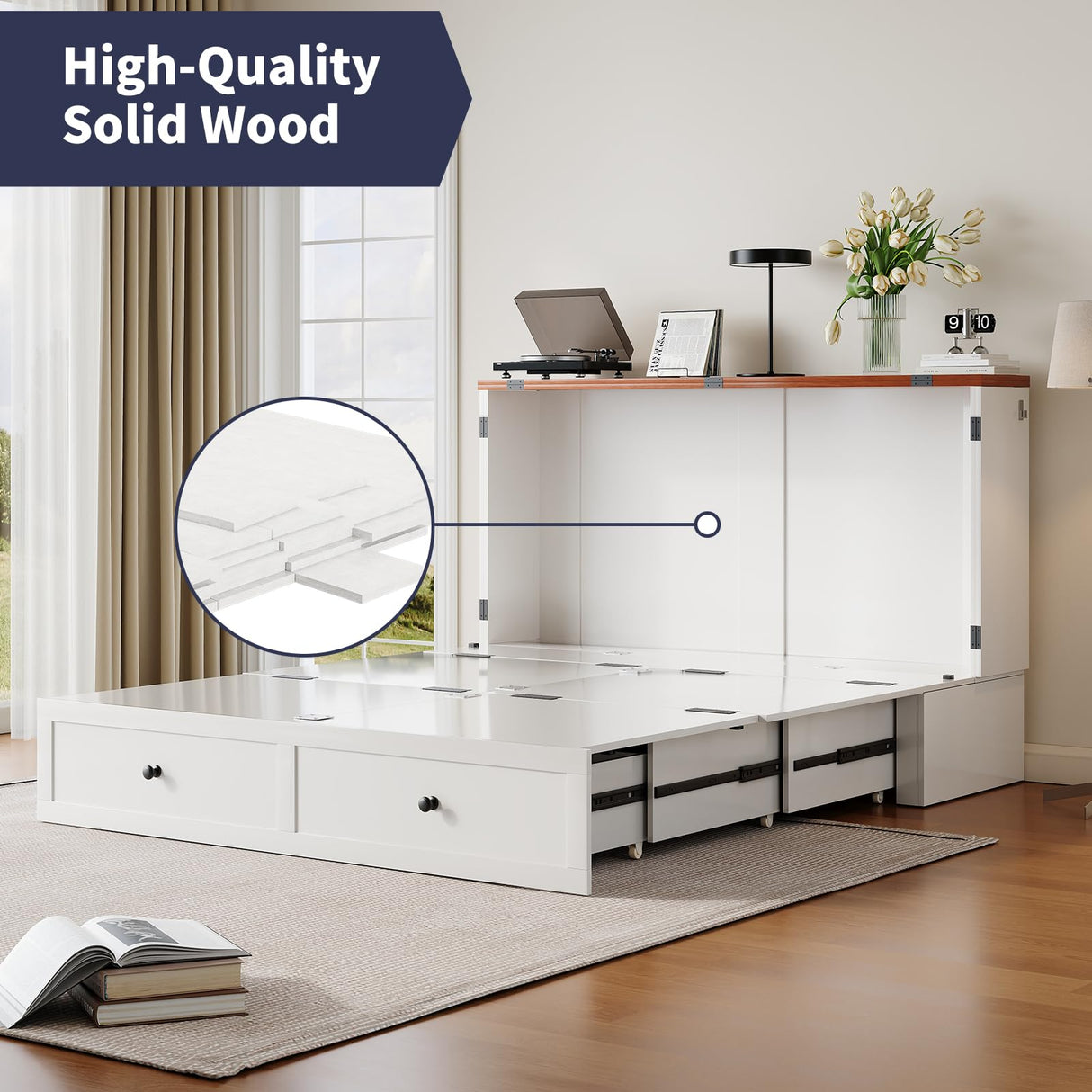 ZAFLY Murphy Bed Full Size, Cabinet Bed with Tri-Folding Mattress & USB Charging Station & Storage Drawers, Modern Multifunctional Cabinet Murphy Beds, Saving Spaces Hidden Guest Beds - White ZAFLY