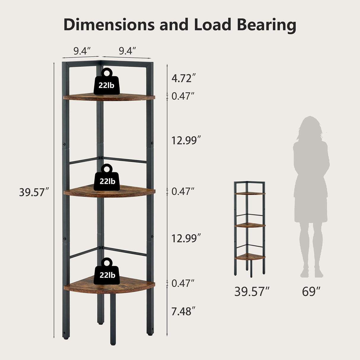 Tajsoon Small Corner Shelf Stand 3 Tier 39.6" Industrial Corner Display Shelf Shelving Unit, Corner Tables for Small Spaces, Bedroom, Living Room, Office, Kitchen, Rustic Brown Tajsoon