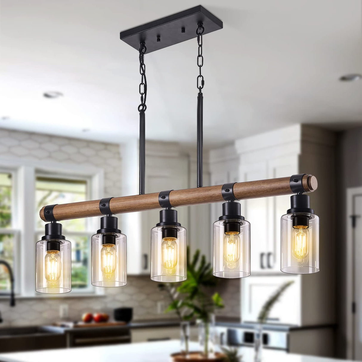 Dining Room Chandelier Over Table, 5-Light Farmhouse Kitchen Island Lighting, Matte Black Rustic Wood Chandelier with Clear Glass Shade, Ceiling Pendant Light Fixture for Kitchen maesta