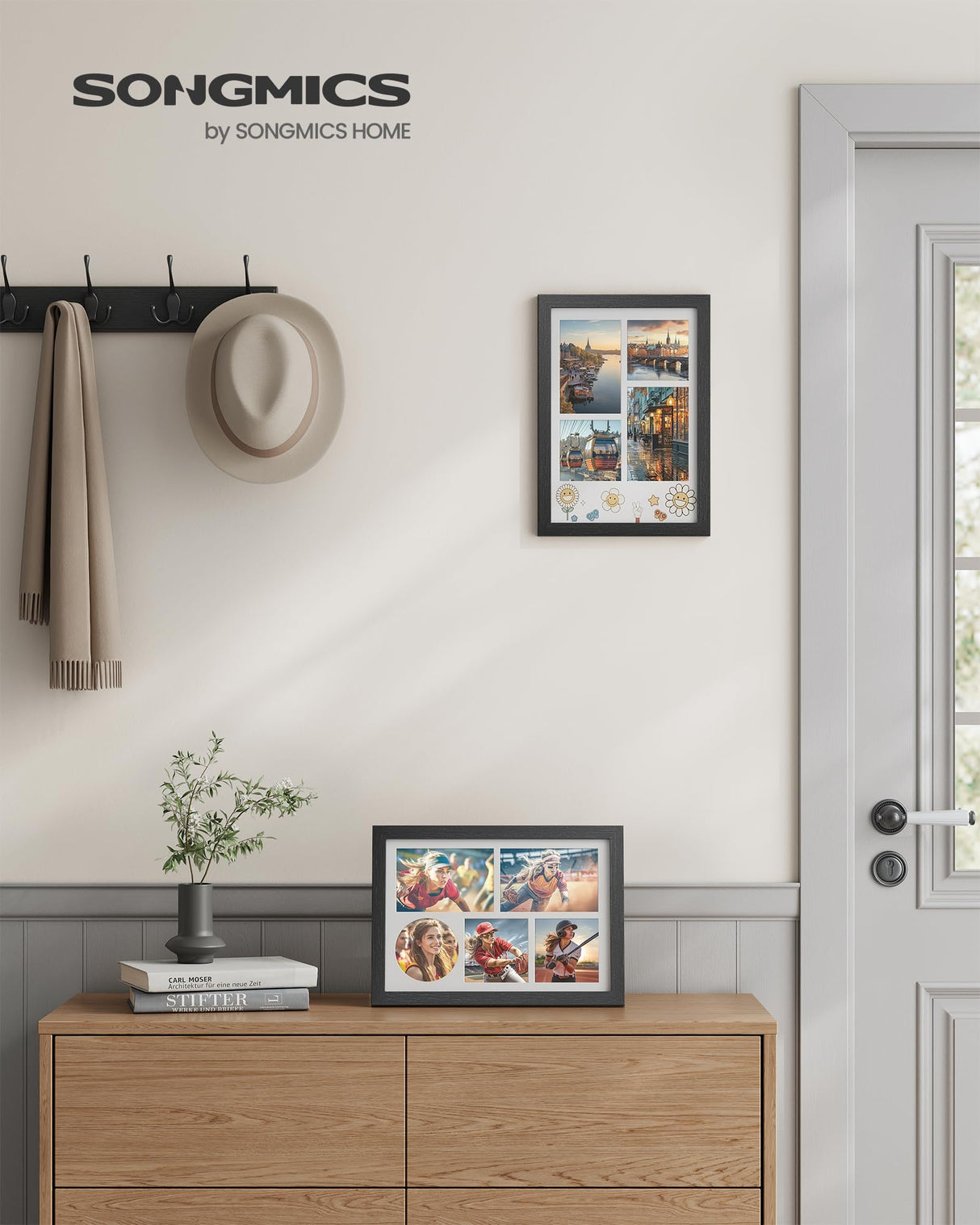 SONGMICS A4 Picture Frame Collage for Wall Decor, Set of 2, 4x6 Multi Photo Frame for Desk, 8x10, 8x12 or 4x4 Photos with 6 Mats, 9x12 Without Mat, Glass Front, 3 Non-Trace Nails, Ash Black SONGMICS
