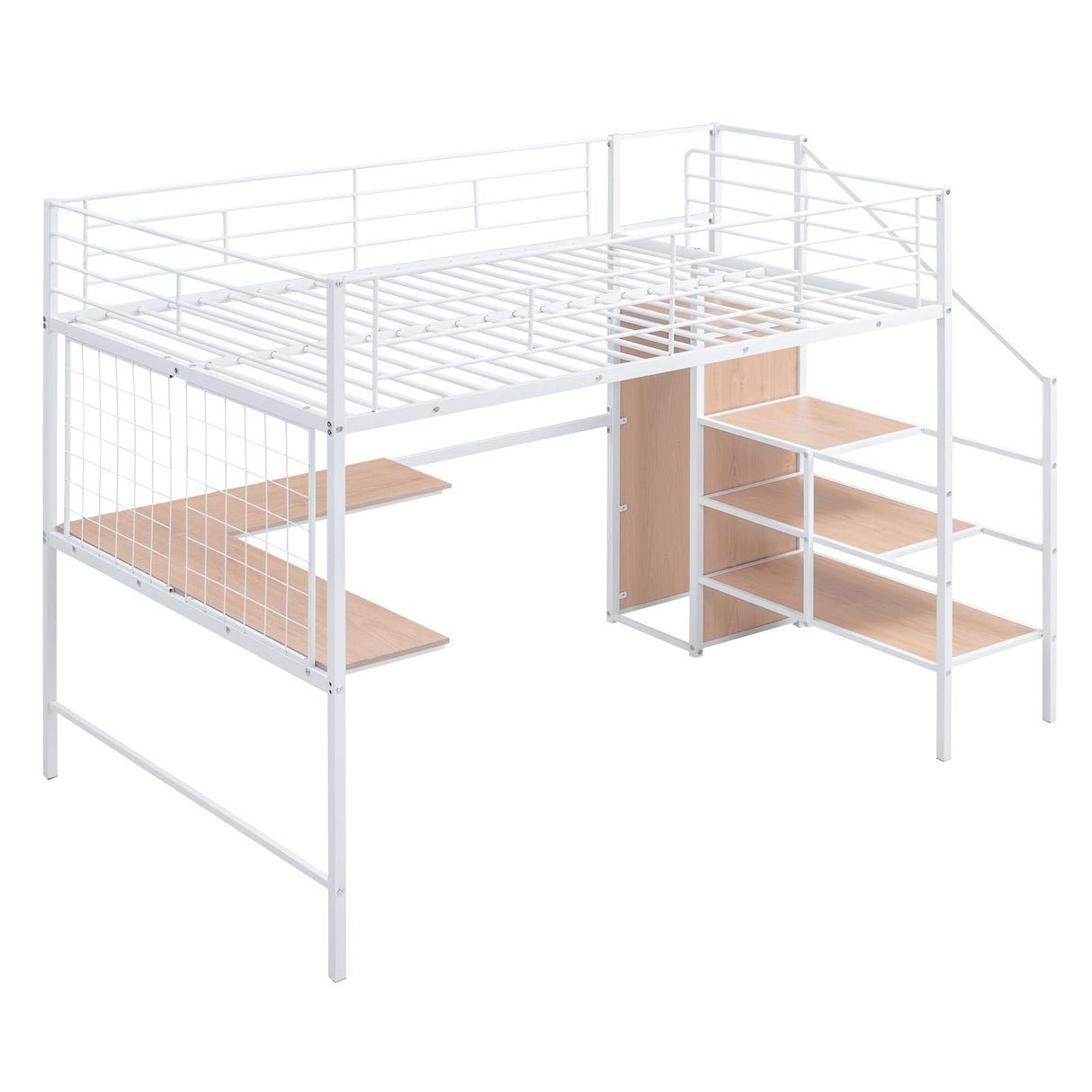 Bellemave Full Size Loft Bed with Desk and Wardrobe, Full Loft Bed with Storage Stairs, Loft Bed Full Size for Adults, Kids, Teens Metal, White Bellemave