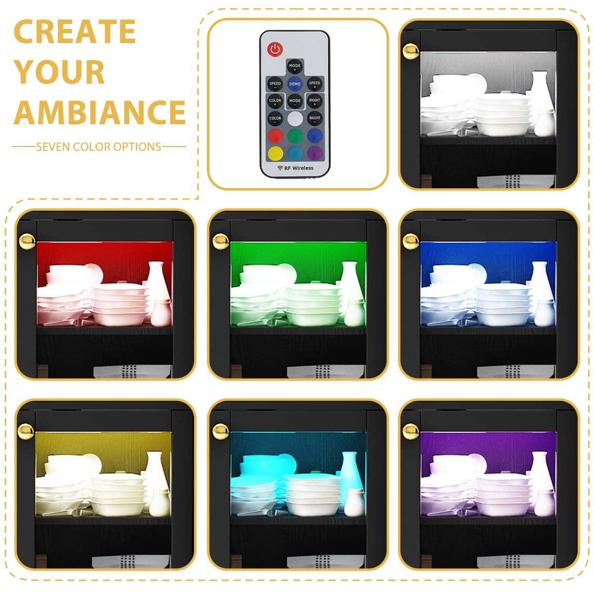 COCO DESIGN Small Bar Cabinet, Black Modern Liquor Wine Cabinet with Storage with Led Light for Home, Farmhouse Buffet Coffee Sideboard with Glass Door & Wavy Wine Rack for Kitchen COCO DESIGN