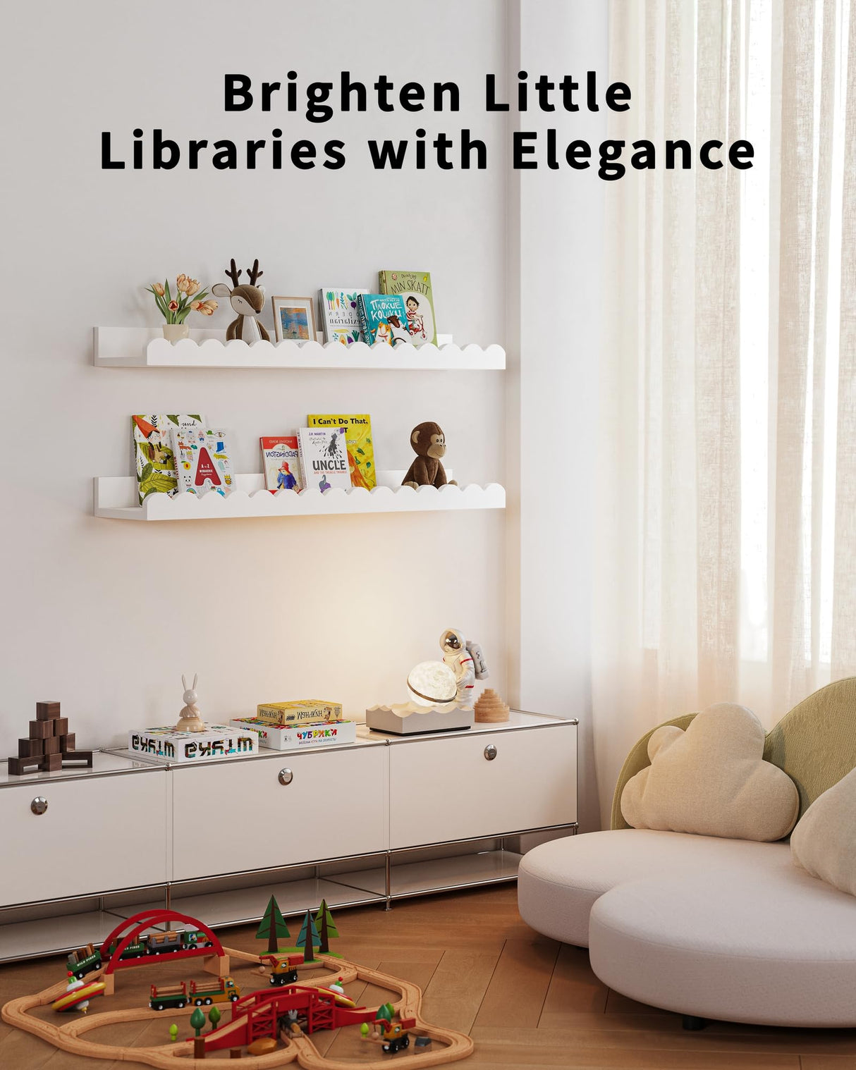 Nursery Book Shelves, 4-Pack White Floating Shelves for Wall Kids, Scalloped Shelves, Wall Book Shelves for Bedroom Kids, Toddler Room, Baby Room, Nursery Decor Shario