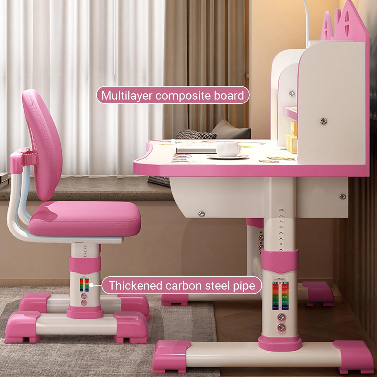 Small Standing Desk and Chair Set - Widened Desktop With Multi Separation Cartoon Pattern, Kids Adjustable Height Study Table With Drawer (Pink) Cuteam