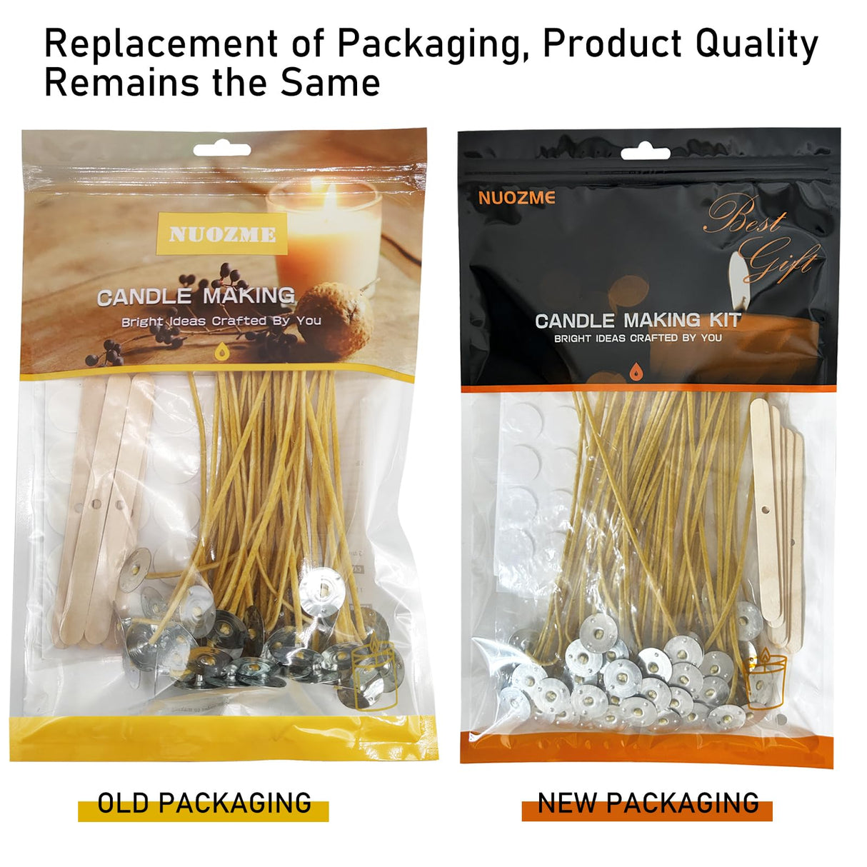 Nuozme 50 Pcs 6" Natural Candle Wicks,Pre-Waxed by 100% Beeswax & Tabbed with 60Pcs Candle Wick Stickers and 5 Pcs Wooden Candle Wick Centering Device, for Candle Making,Candle DIY Nuozme