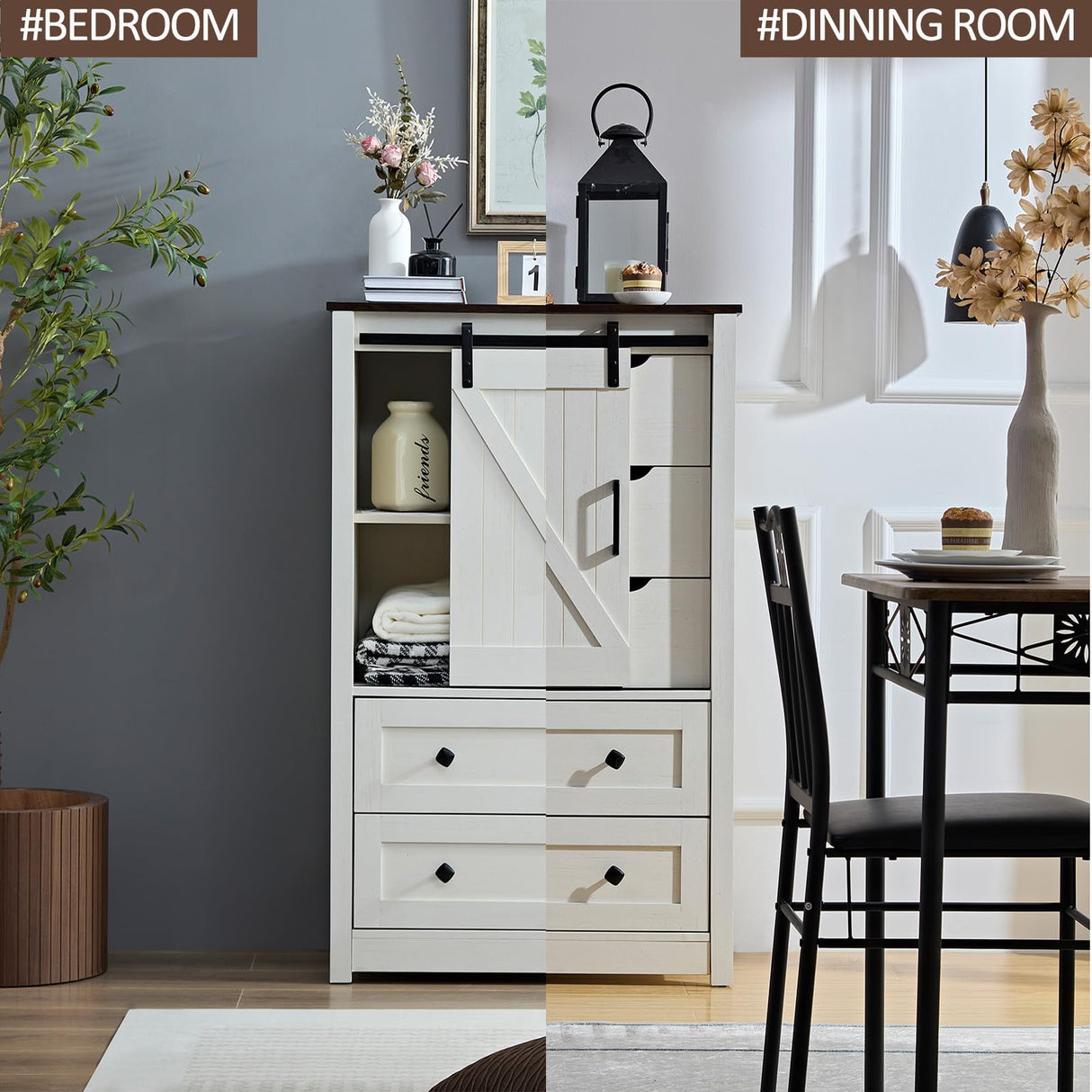 BOSHIRO White Dresser for Bedroom with 5 Drawers, 48" Tall Dresser w/Sliding Barn Door, Farmhouse Dresser 5 Chest of Drawers for Bedroom, Hallway, Living Room, Dining Room, Antique White BOSHIRO