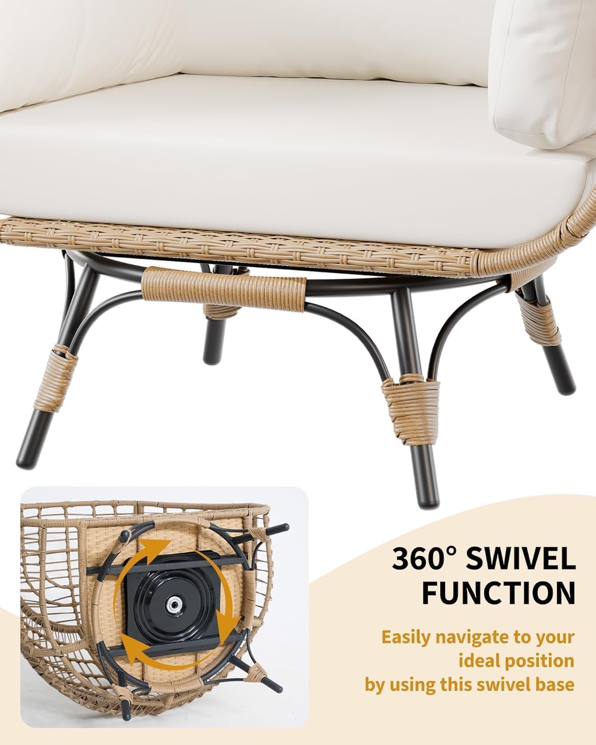 Tioutbot 360° Swivel Egg Chair, Oversized Patio Rotating Basket Chair, Steel Frame and Metal Base, Waterproof, PE Rattan Lounge Chair for Indoor & Outdoor, Porch, Living Room, Backyard, Beige Tioutbot