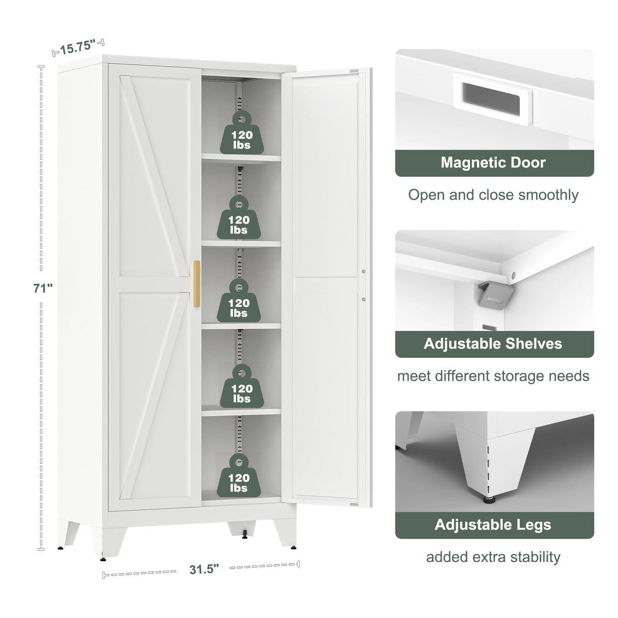 Washsemba 71'' Farmhouse Metal Storage Cabinet with Barn Doors,Steel File Cabinet for Home Office,Kitchen Pantry 4 Adjustable Shelves,Freestanding Cupboard for Kitchen,for Home Office,School (White) Washsemba