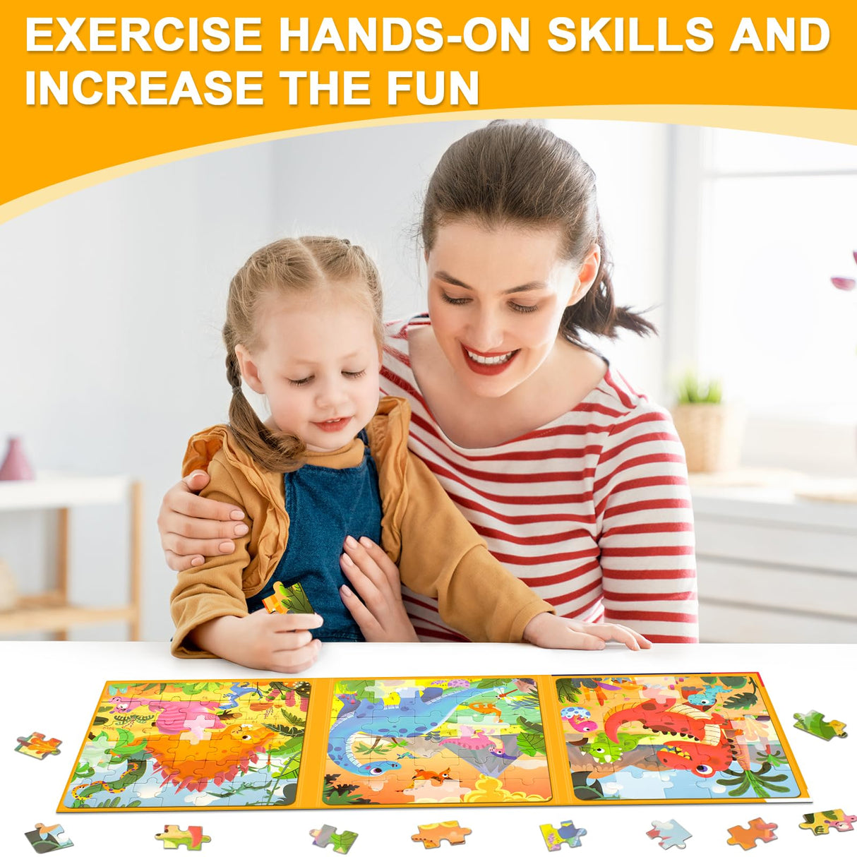 Magnetic Puzzles for Kids Ages 3-5, 3 in 1 Dinosaurs Magnetic Jigsaw Puzzle Book, Travel Puzzles Toys for Toddlers 3-8 Year (Dinosaur World) EREBADI