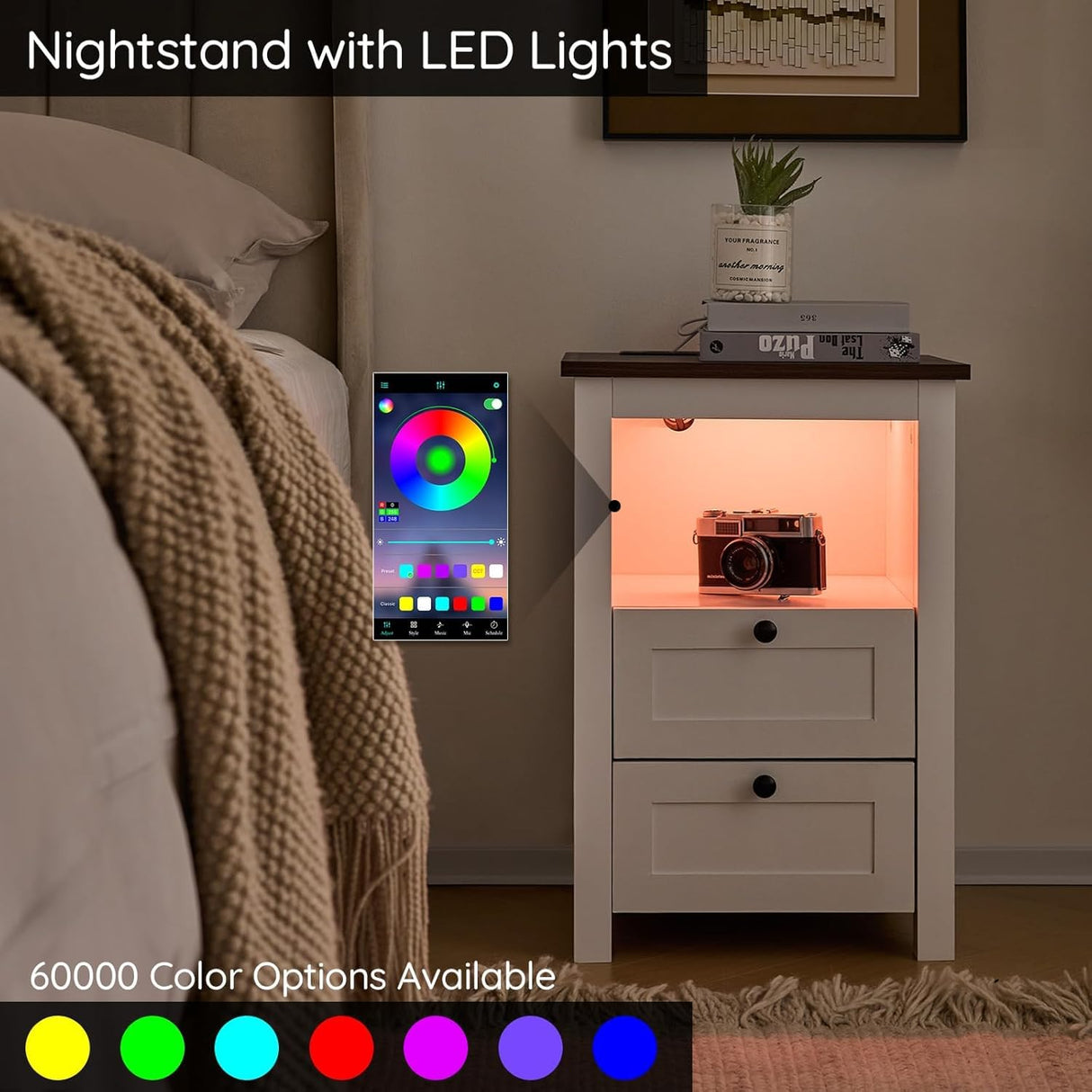 TrustKare Farmhouse Nightstand, White Nightstand with Charging Station and LED Lighting, Wood End Table with 2 Drawers, Smart Farmhouse Design Bedside Table for Bedroom Living Room TrustKare