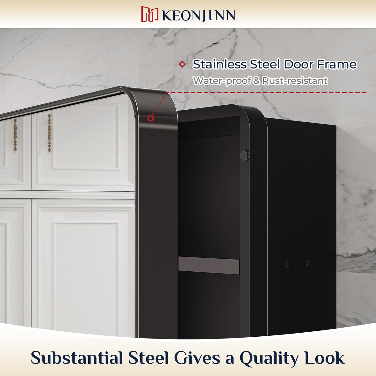 Keonjinn Black Medicine Cabinet 17 x 25 Inch, Heavy & Solid Bathroom Medicine Cabinet with Mirror, Stainless Steel Framed, Adjustable Shelves, Recessed or Wall Mount, Bathroom Mirror with Storage Keonjinn