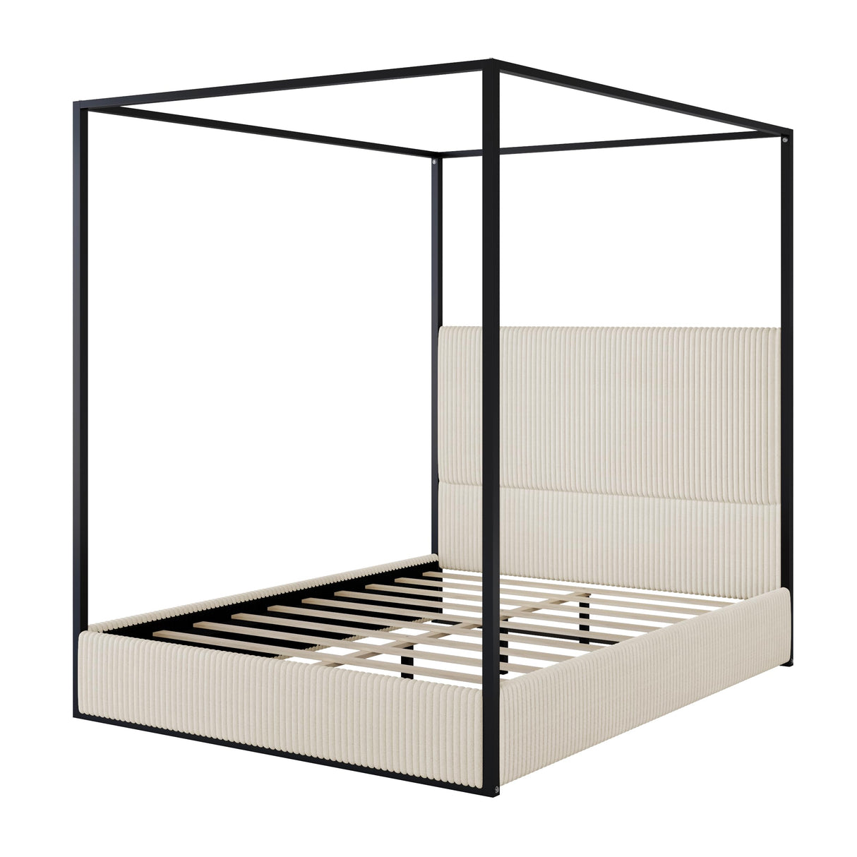 King Size Metal Canopy Bed with Tall Upholstered Channel Headboard and Gold 4 Poster, No Box Spring Needed (Cream+ Black, King) BEDGJH
