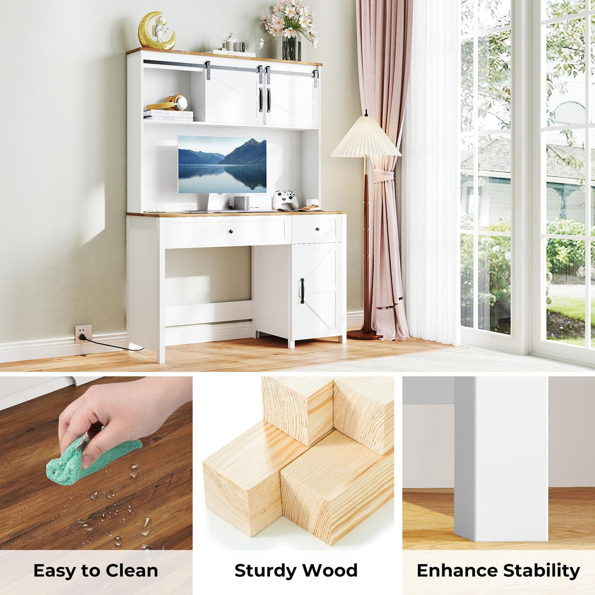 Zevemomo 47" Executive Desk, Computer Desk with Hutch, Farmhouse Desk with 3 Storage Cabinets, 2 Drawers & Built-in Charging Station, Writing Table for Office, Bedroom, Or Study Room-White Zevemomo