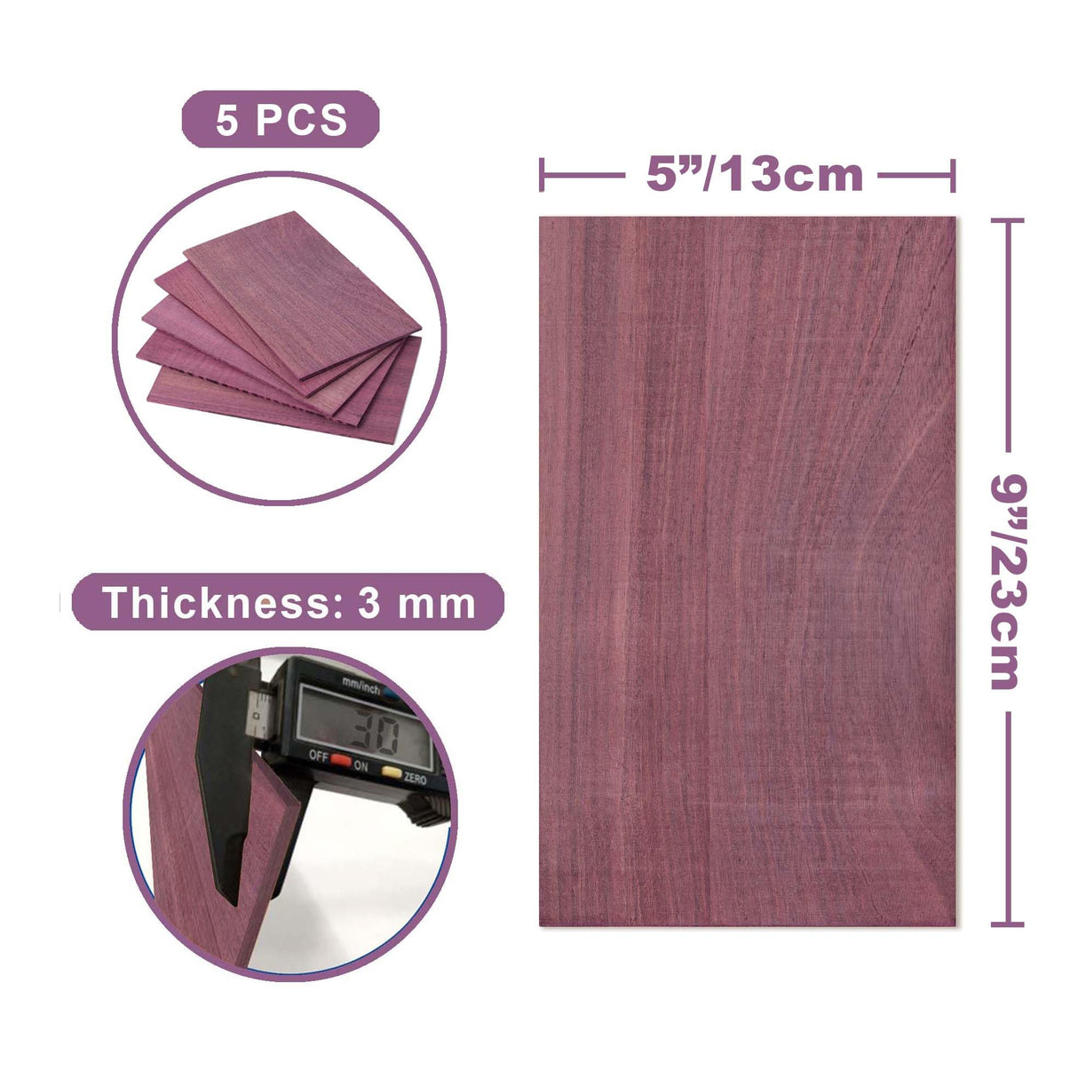 Purpleheart Wood Sheets 1/8" Thick, 5x9 inch Lumber Veneer Pieces Planks Blank Board for Craft Decor and Art by Craftiff Craftiff