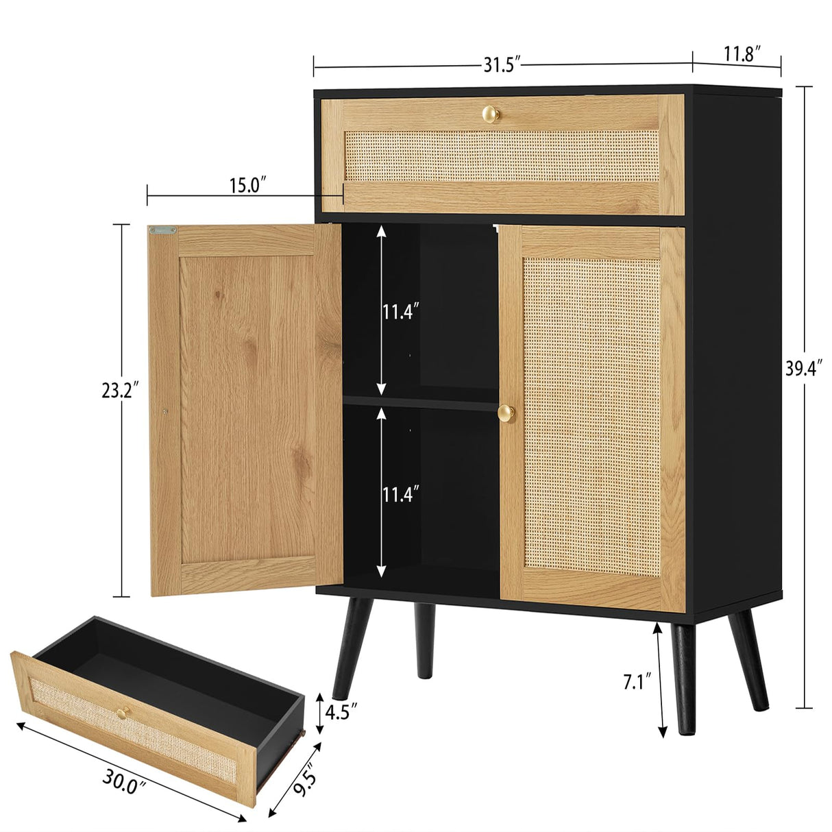 Iwell Storage Cabinet with Adjustable Shelf, Rattan Cabinet with Large Drawer, Sideboard Buffet Cabinet with Storage, Accent Cabinet, Bathroom Storage Cabinet for Dining Room, Entryway, Bedroom, Black Iwell